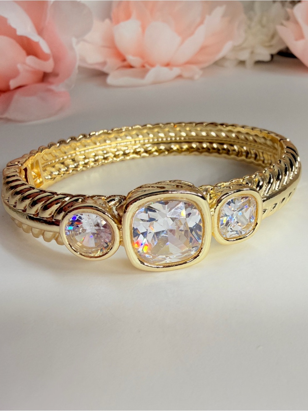 Gold Crystal Triple-Stone Bracelet - Women Jewelry 14k gold plated